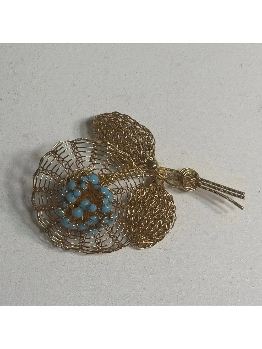 Vintage Vendome Signed Large Faux Turquoise Rhinestone Gold Tone Mesh Brooch